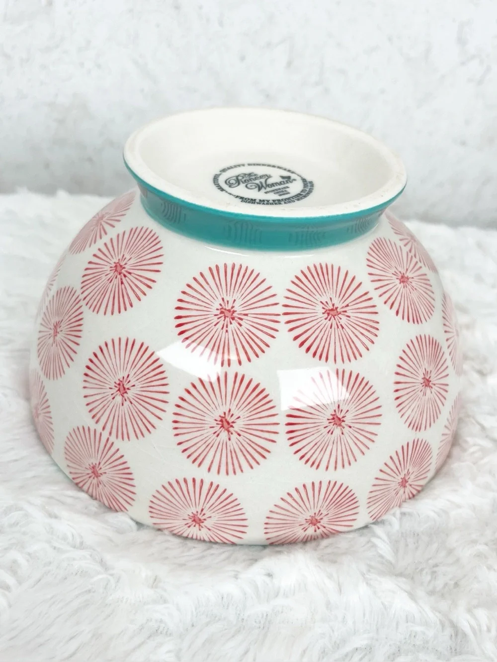 Pioneer Woman Happiness Footed Bowl Red Starburst Aqua Trim Whimsy Farmhouse